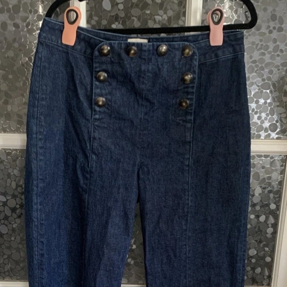 Sezane Navy High-Rise Wide-Leg Denim Pants with Button Front
